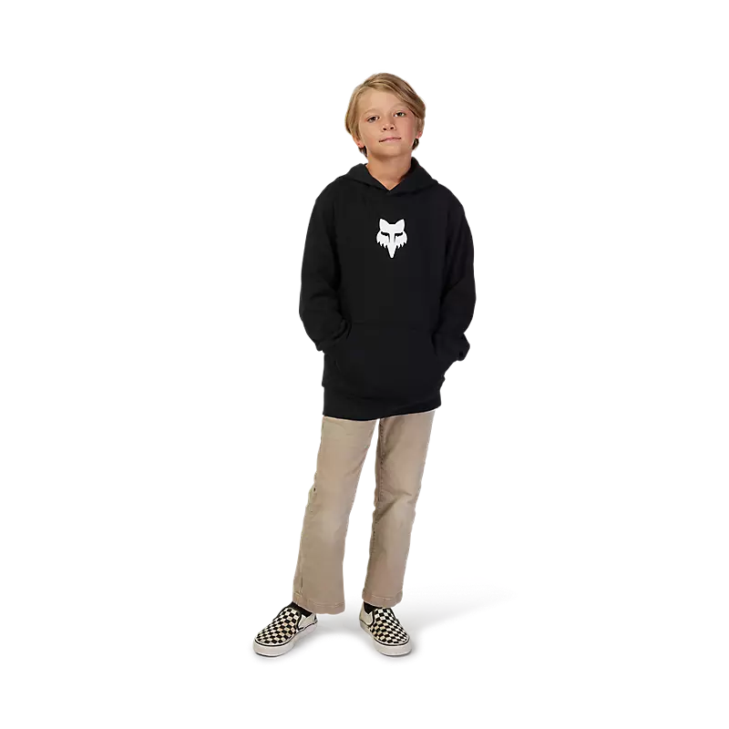 Youth wearing cozy Legacy Pullover Hoodie in charcoal grey