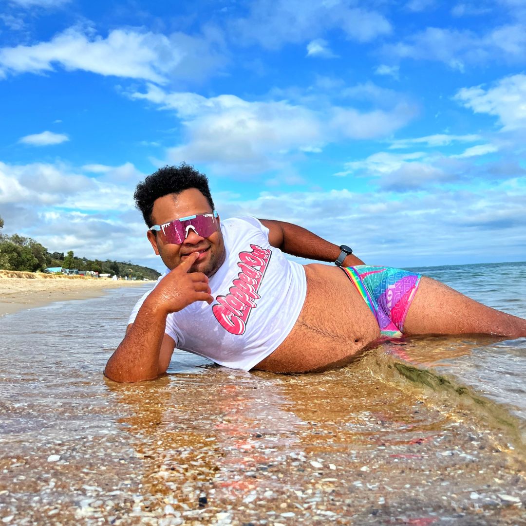 Narrow / Polarized Pink | Person laying on beach wearing The Gobby Original from Pit Viper Sunglasses