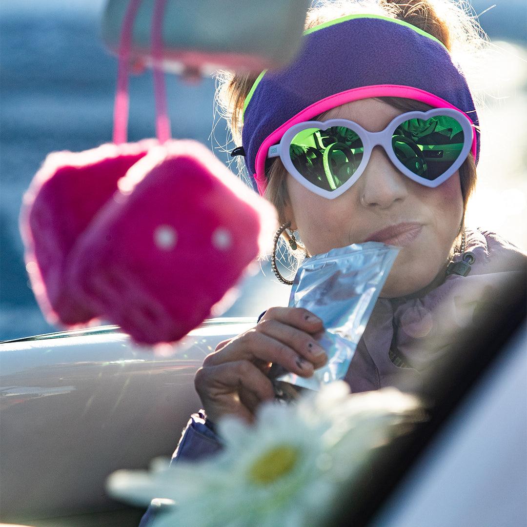 / Blue-Green | Woman drinking in The Moontower Admirer from Pit Viper Sunglasses