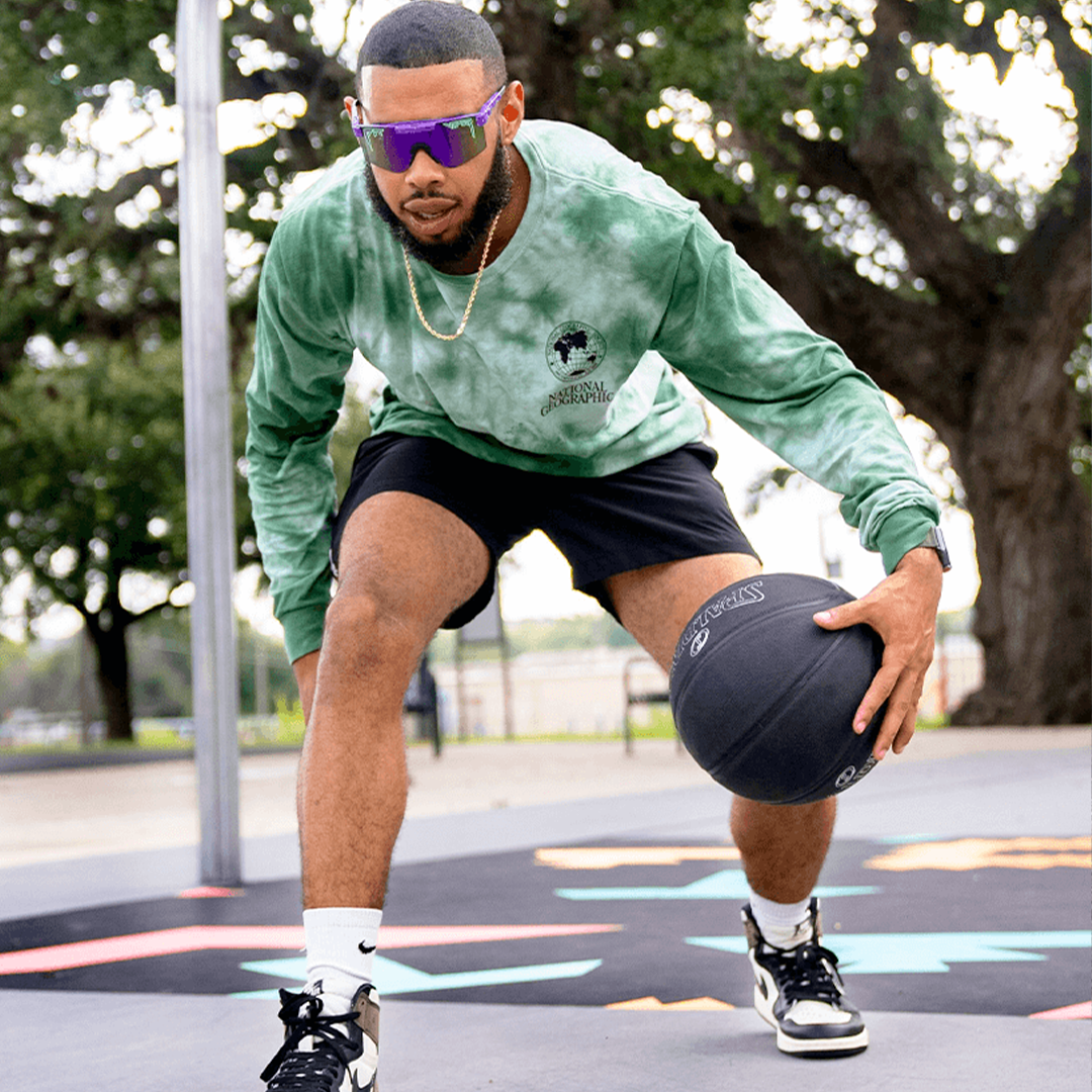 Narrow / Polarized Purple | Man playing basketball wearing The Donatello Original from Pit Viper Sunglasses