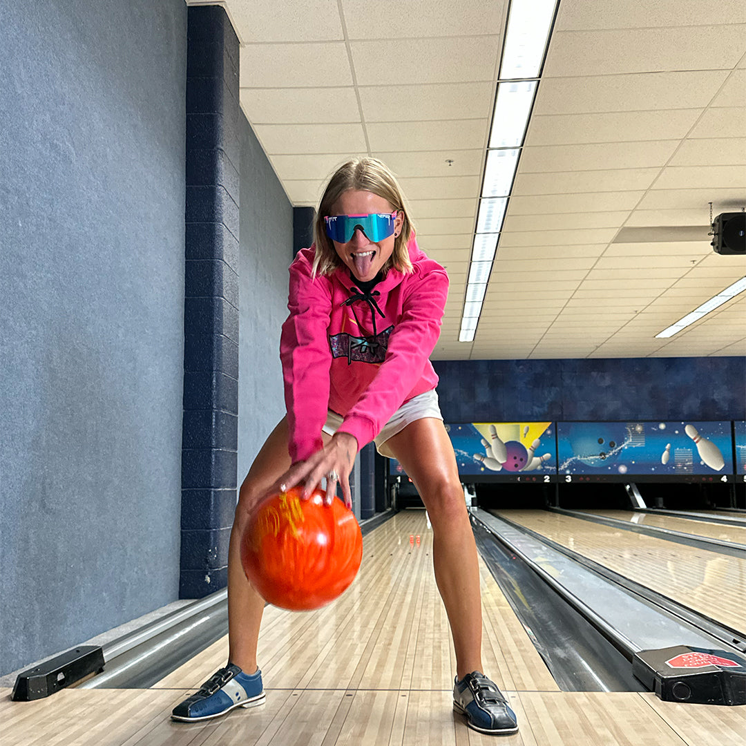 Narrow / Polarized Blue | Woman bowling wearing The Leisurecraft Original from Pit Viper Sunglasses