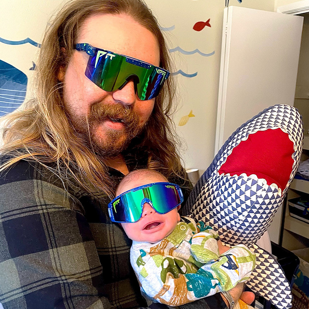 / Blue-Green | Dad wearing the Leonardo Original and his baby wearing The Leonardo Baby Vipes from Pit Viper Sunglasses