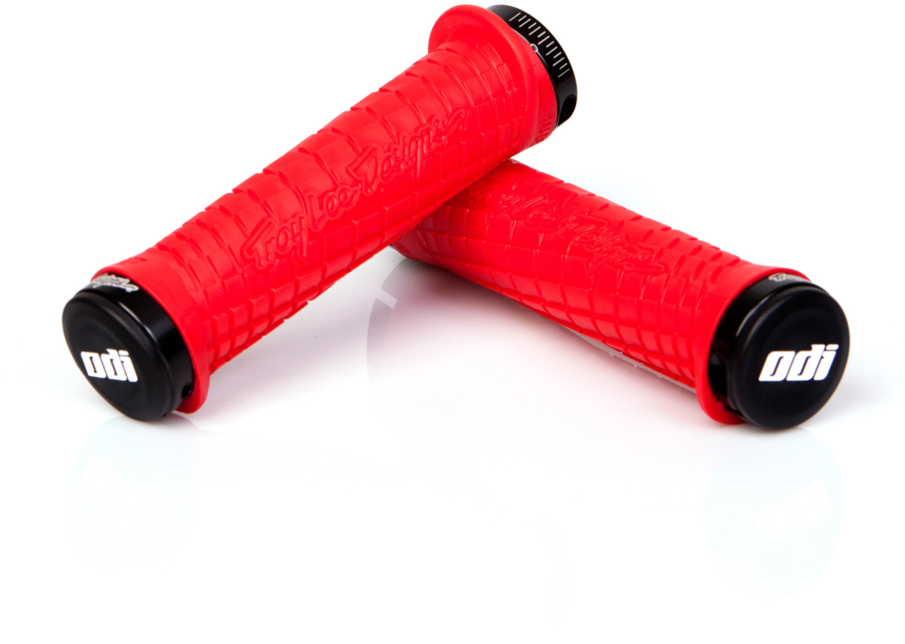 Troy Lee Designs Lock On Grips 130mm in black and red, designed for improved bike handling and comfort.