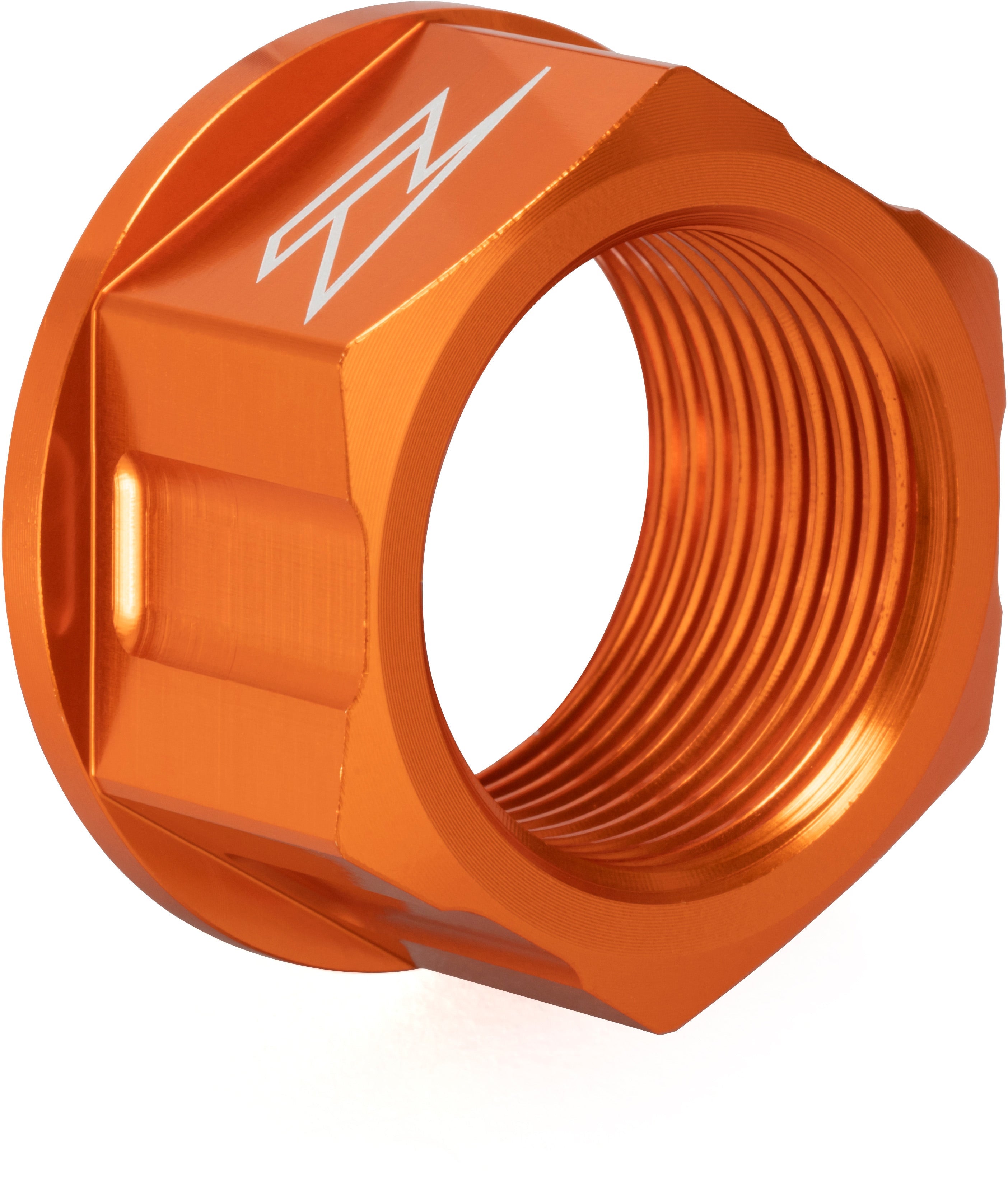 Rear axle nut M25 P1.5-32 H18 in orange color for KTM SX and SXF motorcycles, showcasing its durable design and precise specifications.