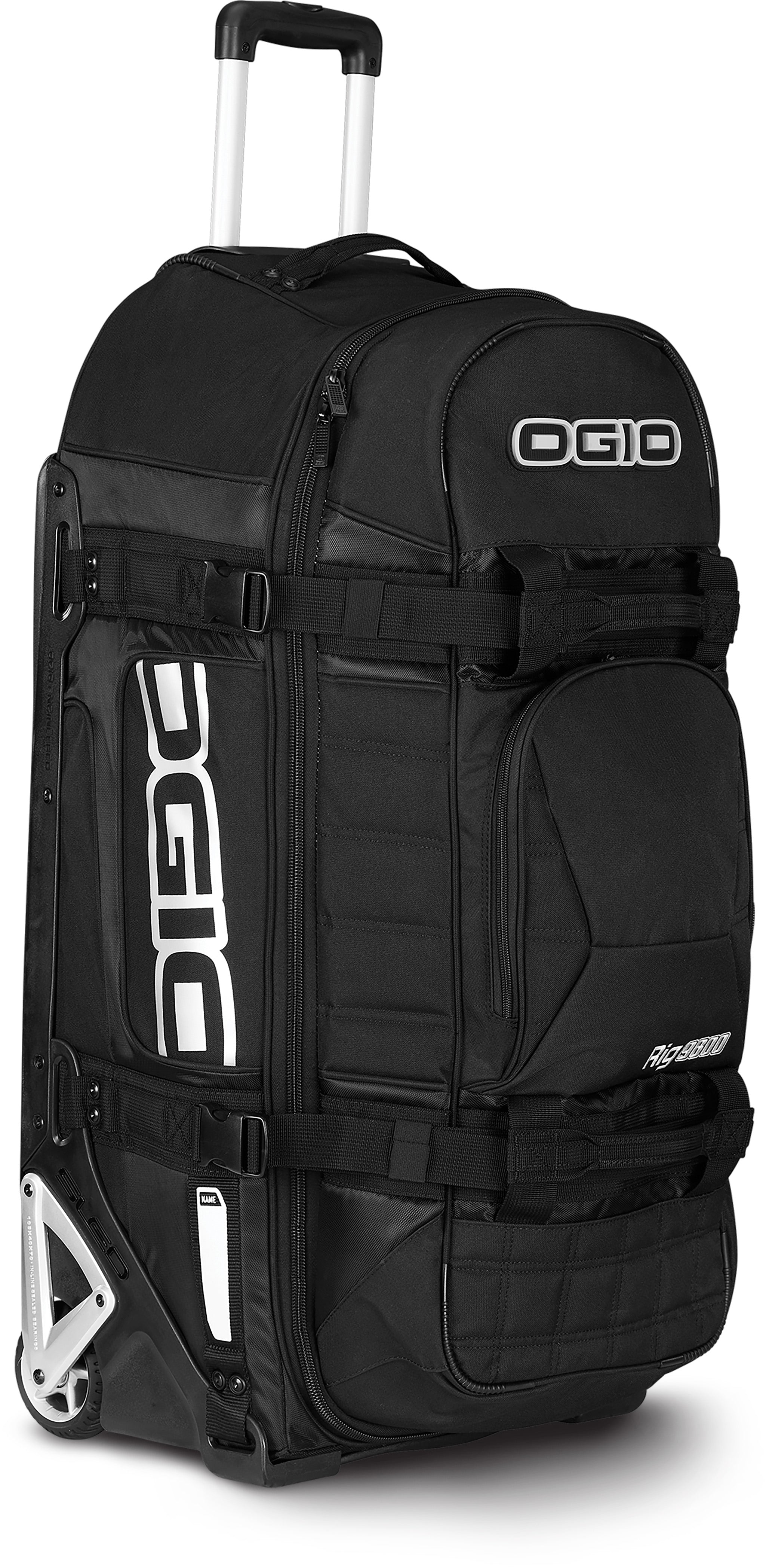 Rig 9800 wheeled gear bag in black with multiple compartments and durable wheels for easy transport.