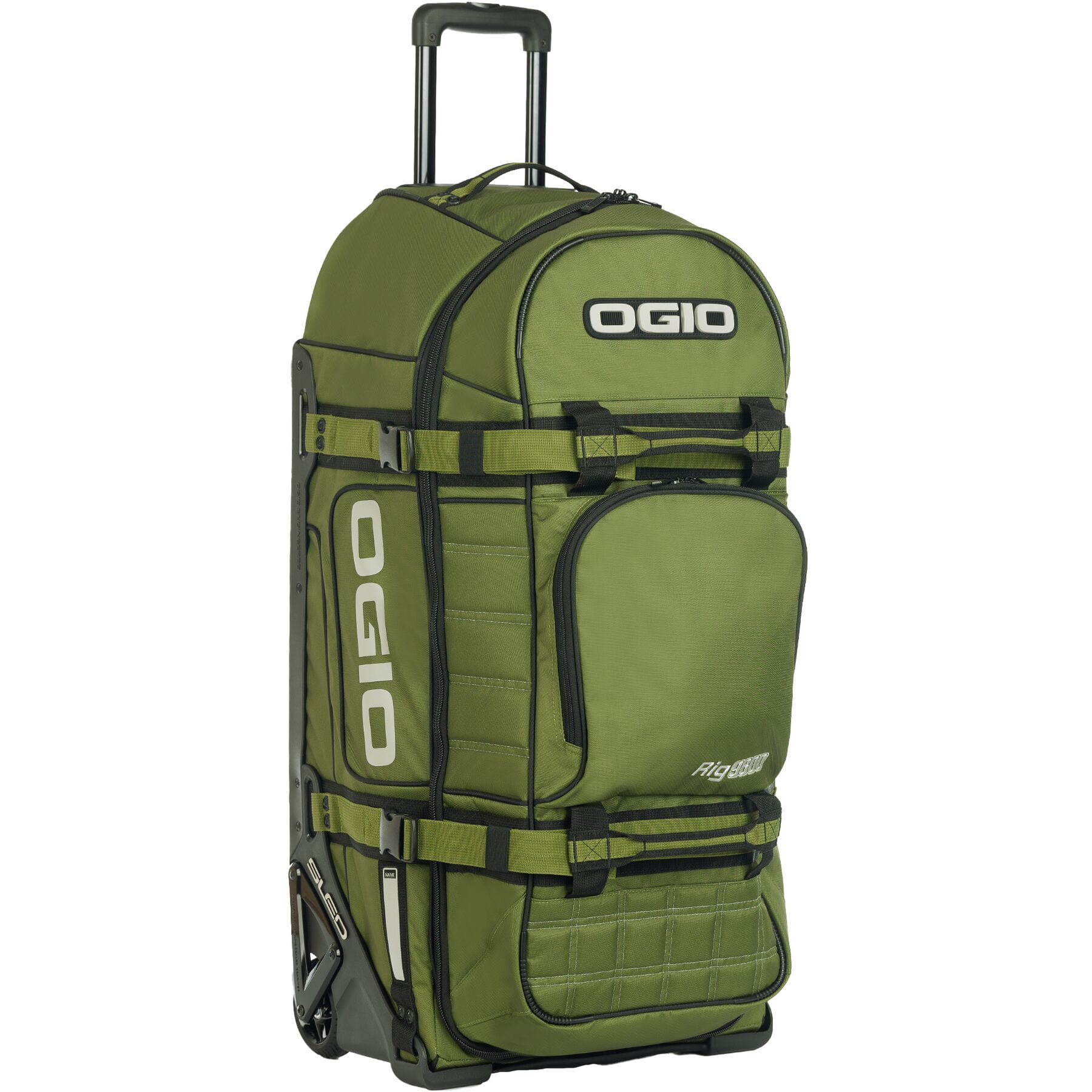 Rig 9800 wheeled gear bag in black with multiple compartments and durable wheels, ideal for transporting sports equipment.