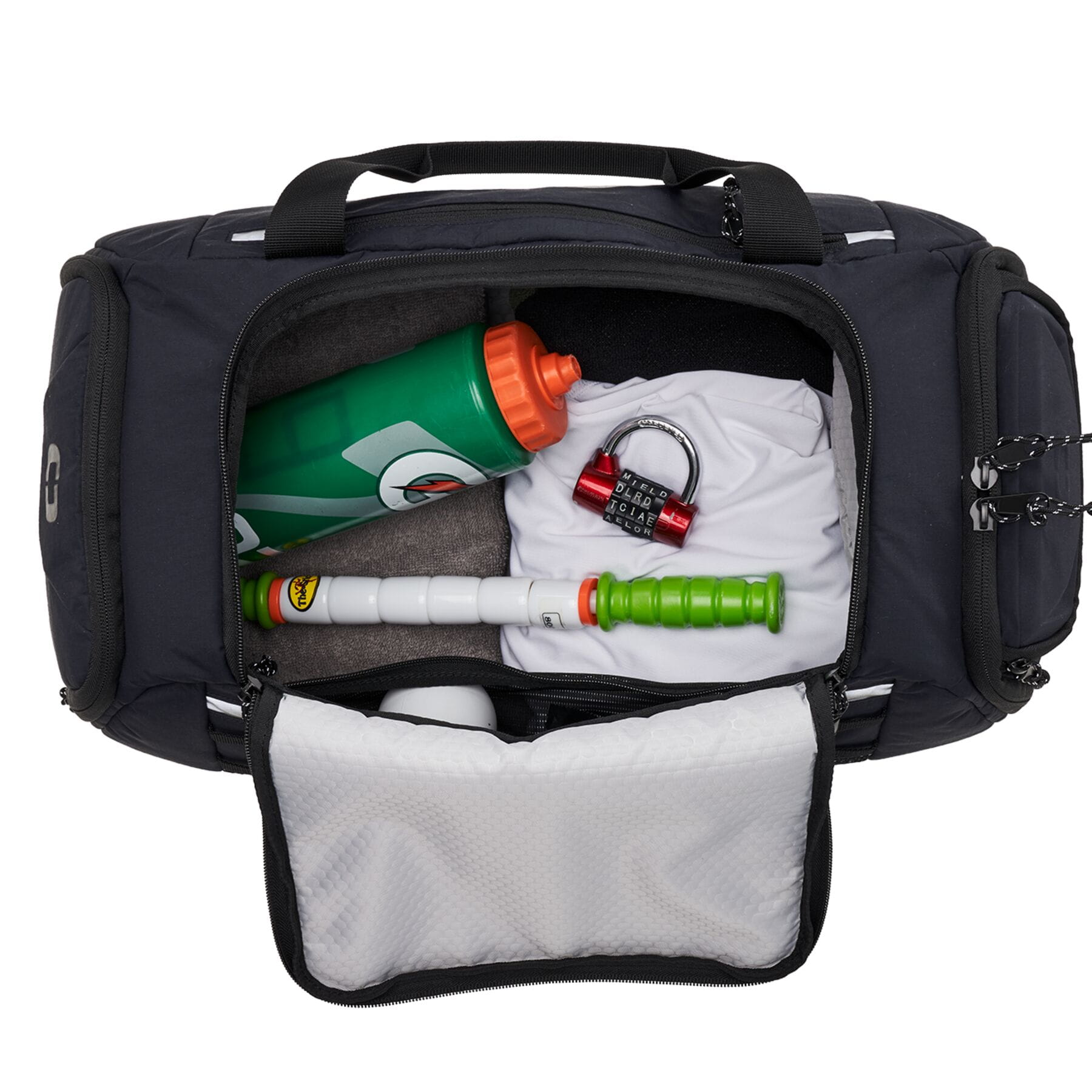 Fitness 35L Duffel bag in black with adjustable shoulder strap and multiple pockets for organization.