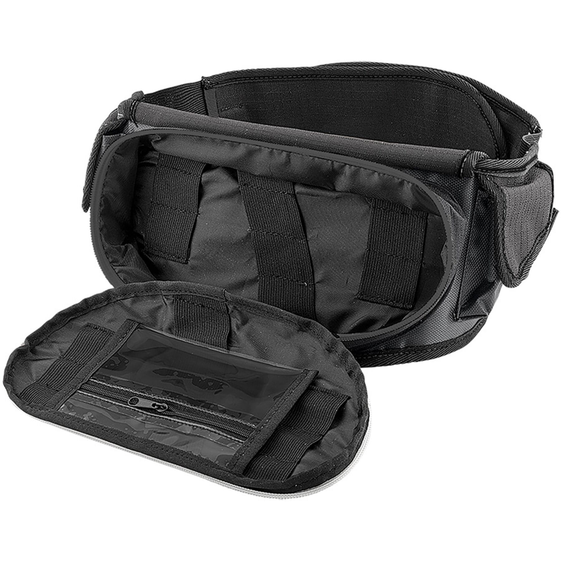 Black waist toolbag designed for convenience and durability, featuring multiple pockets for tools and accessories.