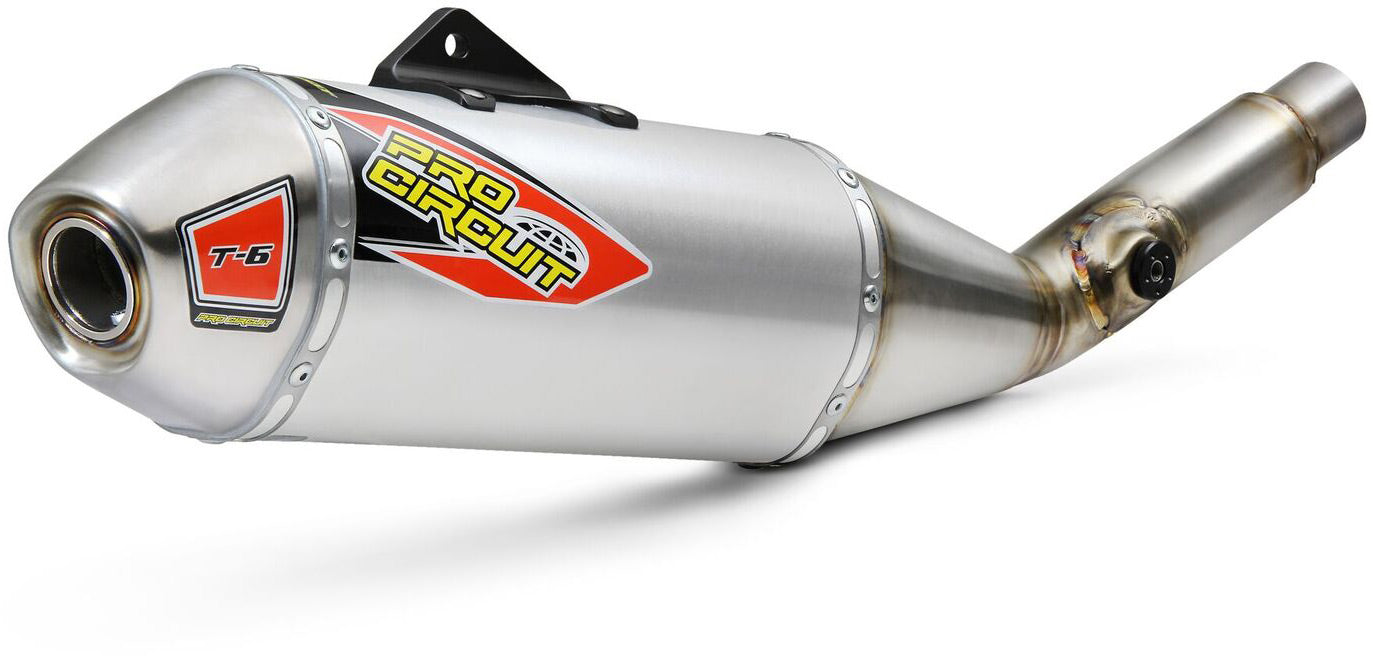 T-6 Stainless Slip-On Exhaust for Kawasaki KX450 2019 to 2023, showcasing its sleek design and premium finish.