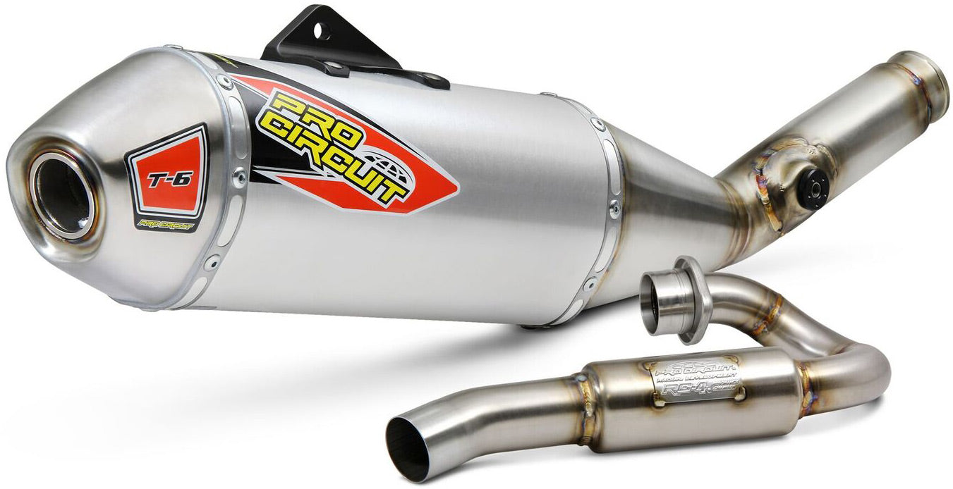 T-6 Stainless System exhaust for Kawasaki KX450 model years 2019 to 2023, showcasing sleek design and durable construction.