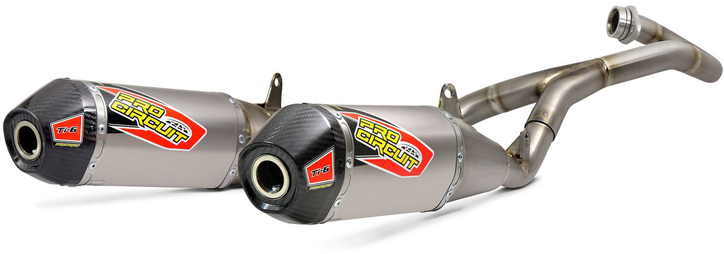 Ti-6 Dual System with carbon end caps for CRF450R/RX 2019-2020 motorcycle exhaust system, featuring a sleek design and durable materials.