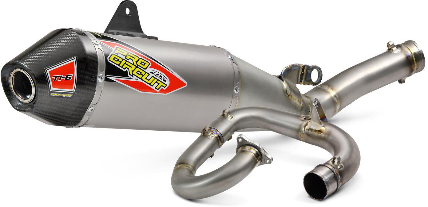 Ti-6 exhaust system with carbon end cap for YZ450F motorcycle, model years 2018-2019.