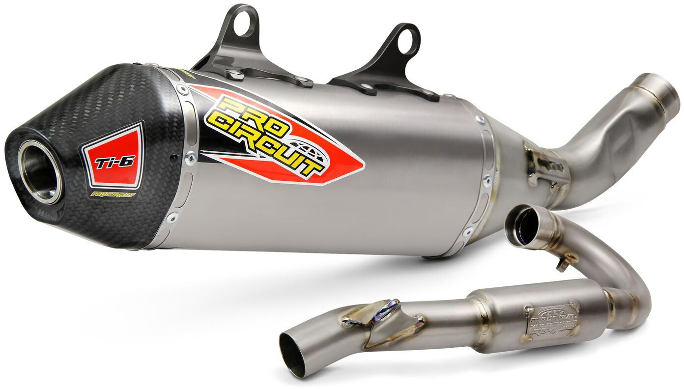 Ti-6 System with carbon end cap for SXF350 19-22, FC350 19-22, and GG MCF350 21-23 motorcycles, showcasing its sleek design and durable construction.