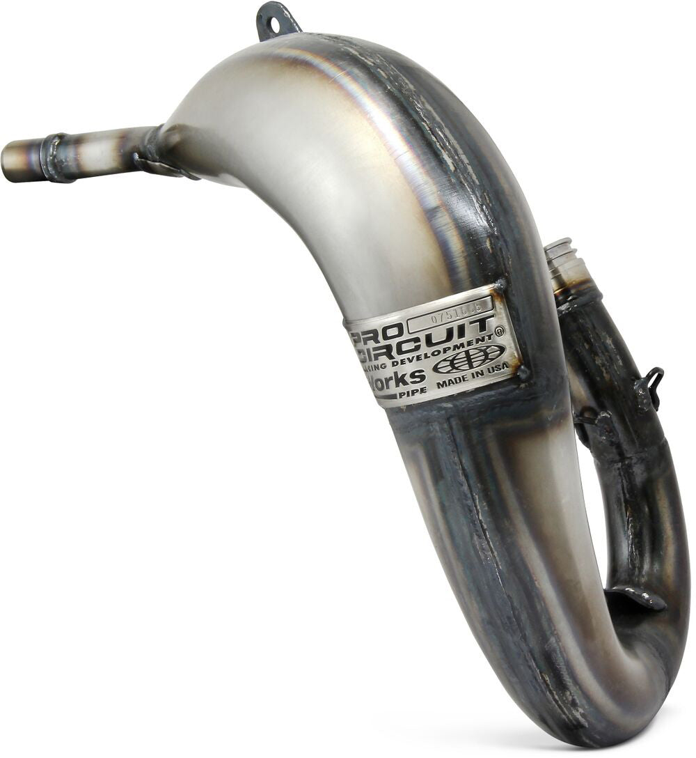 Works Finish pipe for KTM SX65 16-23, Husqvarna TC65 16-23, and Gas Gas MC65 21-23 motorcycles, showcasing its sleek design and premium craftsmanship.