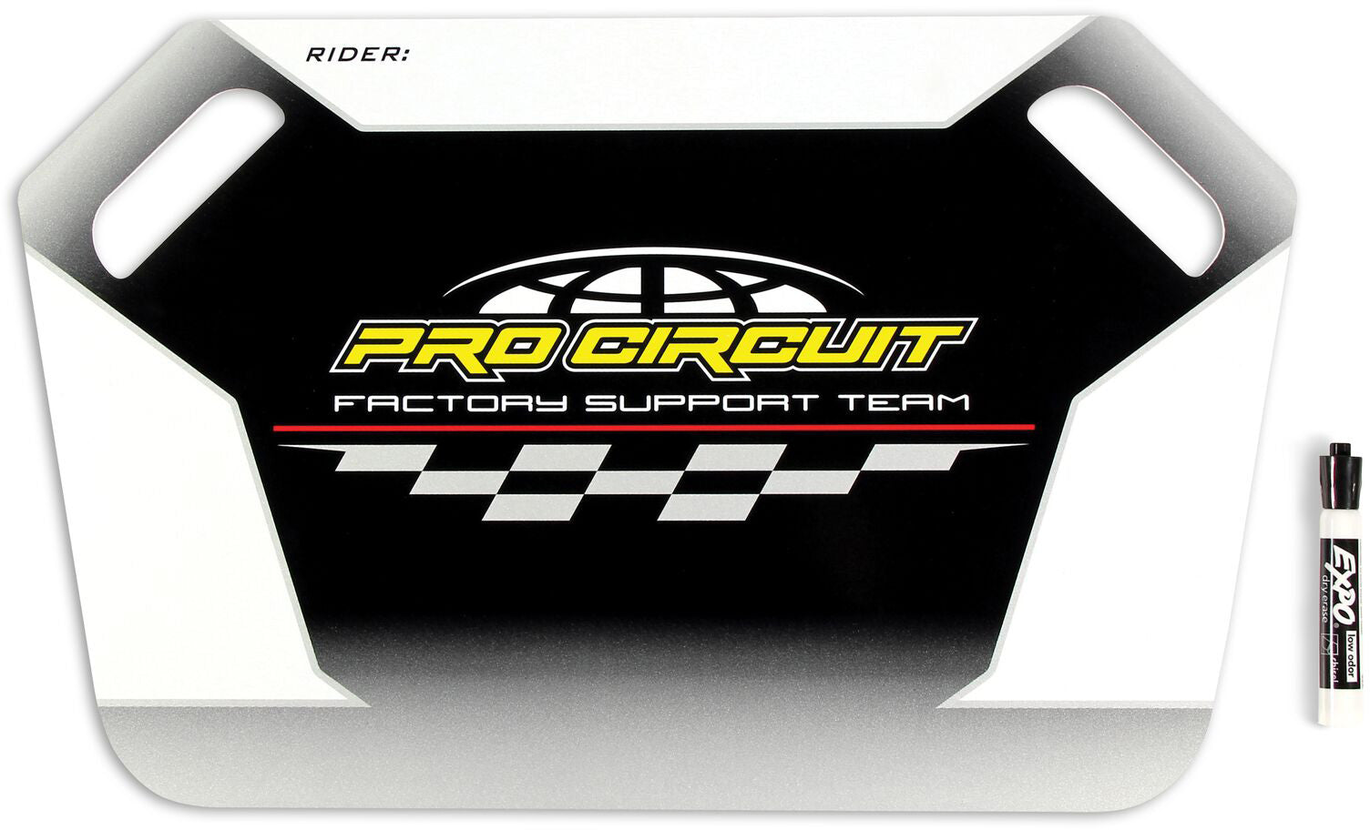 Pit Board with Marker featuring a black background and white dry-erase surface, designed for motorsport communication.