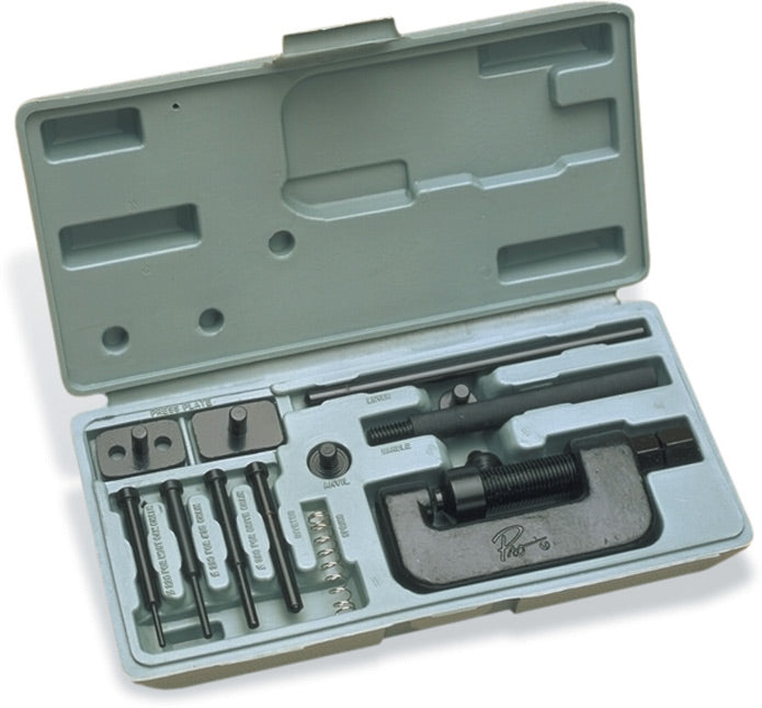 Chain breaker and rivet tool kit with various tools for repairing bicycle chains and installing rivets.