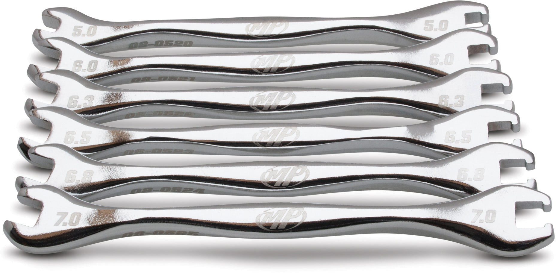 Ergo Spoke Wrench Set featuring six pieces with sizes 5.0mm, 6.0mm, 6.3mm, 6.5mm, 6.8mm, and 7.0mm displayed against a white background.