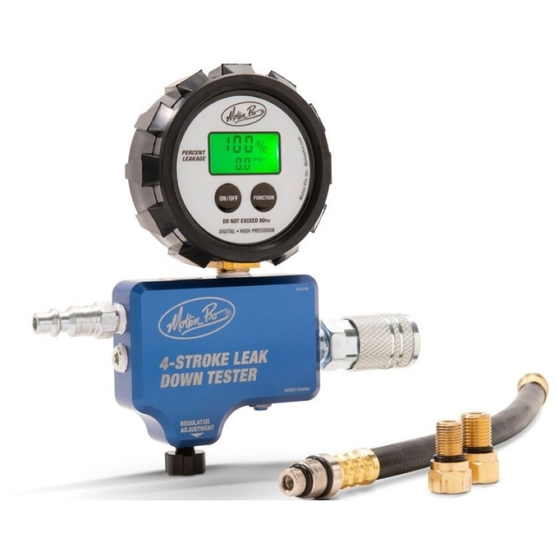 Digital 4-Stroke Leak Down Tester with a digital display and pressure gauge, designed for engine diagnostics.